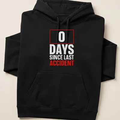 Bold red and gray shirt with the humorous slogan about workplace safety — printed on a unisex hoodie