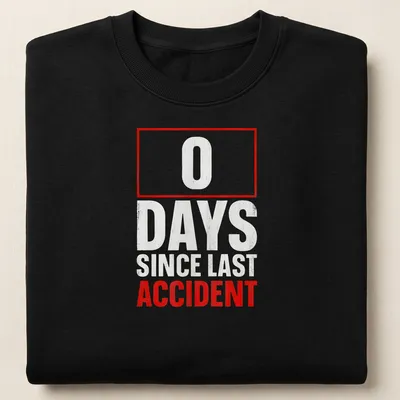 Bold red and gray shirt with the humorous slogan about workplace safety — printed on a unisex sweatshirt