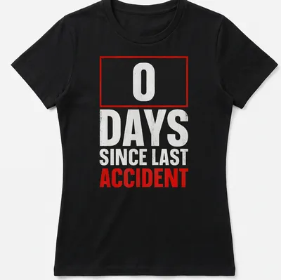 Bold red and gray shirt with the humorous slogan about workplace safety — printed on a women's shirt