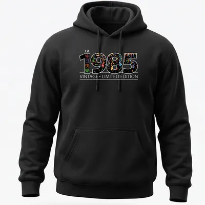 Vintage T-shirt with colorful confetti design celebrating 1985 and birthday wishes in Chinese. — printed on a unisex hoodie