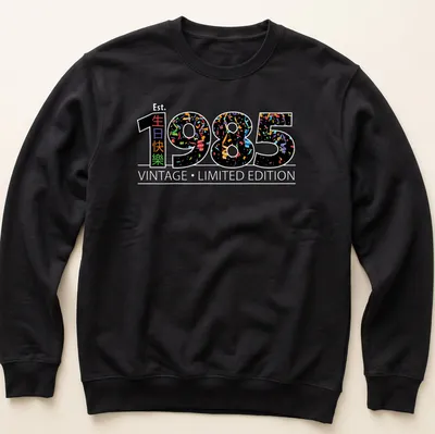 Vintage T-shirt with colorful confetti design celebrating 1985 and birthday wishes in Chinese. — printed on a unisex sweatshirt