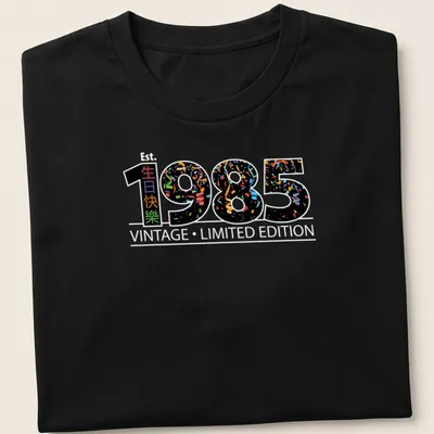 Vintage T-shirt with colorful confetti design celebrating 1985 and birthday wishes in Chinese.