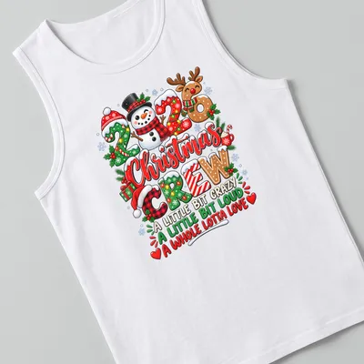 Colorful festive Christmas shirt with snowman and reindeer illustrations — printed on a tank top