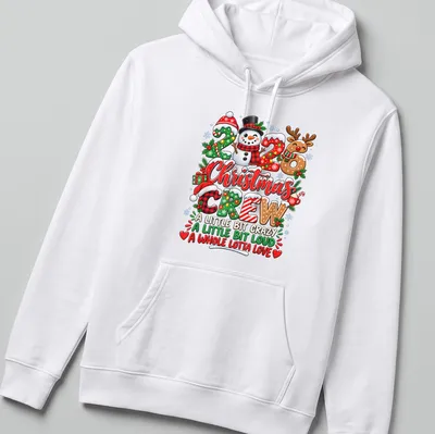 Colorful festive Christmas shirt with snowman and reindeer illustrations — printed on a unisex hoodie