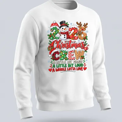 Colorful festive Christmas shirt with snowman and reindeer illustrations — printed on a unisex sweatshirt