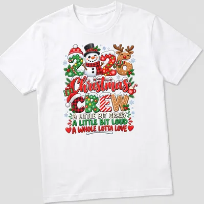 Colorful festive Christmas shirt with snowman and reindeer illustrations — printed on a unisex t-shirt