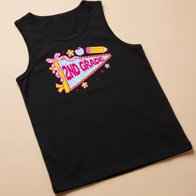 Colorful cartoon pennant flag with 2nd Grade text for teachers — printed on a tank top