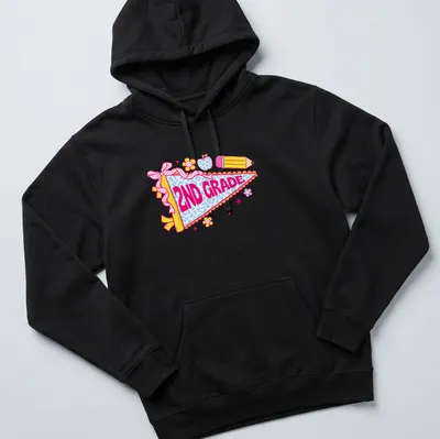Colorful cartoon pennant flag with 2nd Grade text for teachers — printed on a unisex hoodie