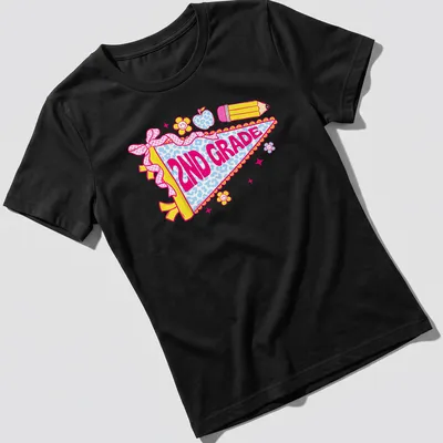 Colorful cartoon pennant flag with 2nd Grade text for teachers — printed on a women's shirt