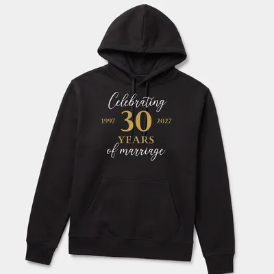 Elegant typography celebrating 30 years of marriage in gold and white — printed on a unisex hoodie