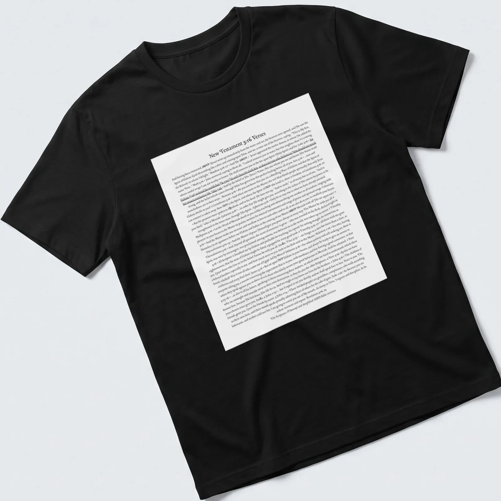 Typography design featuring 316 Bible verses in elegant script. — printed on a unisex t-shirt