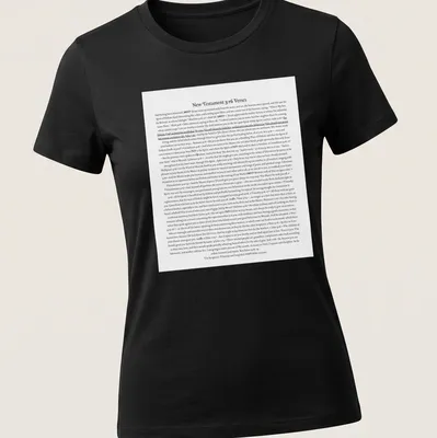 Typography design featuring 316 Bible verses in elegant script. — printed on a women's shirt