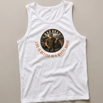 Off-roading man in vintage style with text about 4 wheel drive life — printed on a tank top