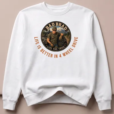 Off-roading man in vintage style with text about 4 wheel drive life — printed on a unisex sweatshirt