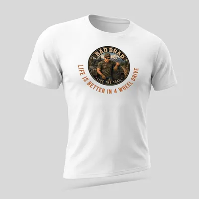 Off-roading man in vintage style with text about 4 wheel drive life — printed on a unisex t-shirt (angled view)