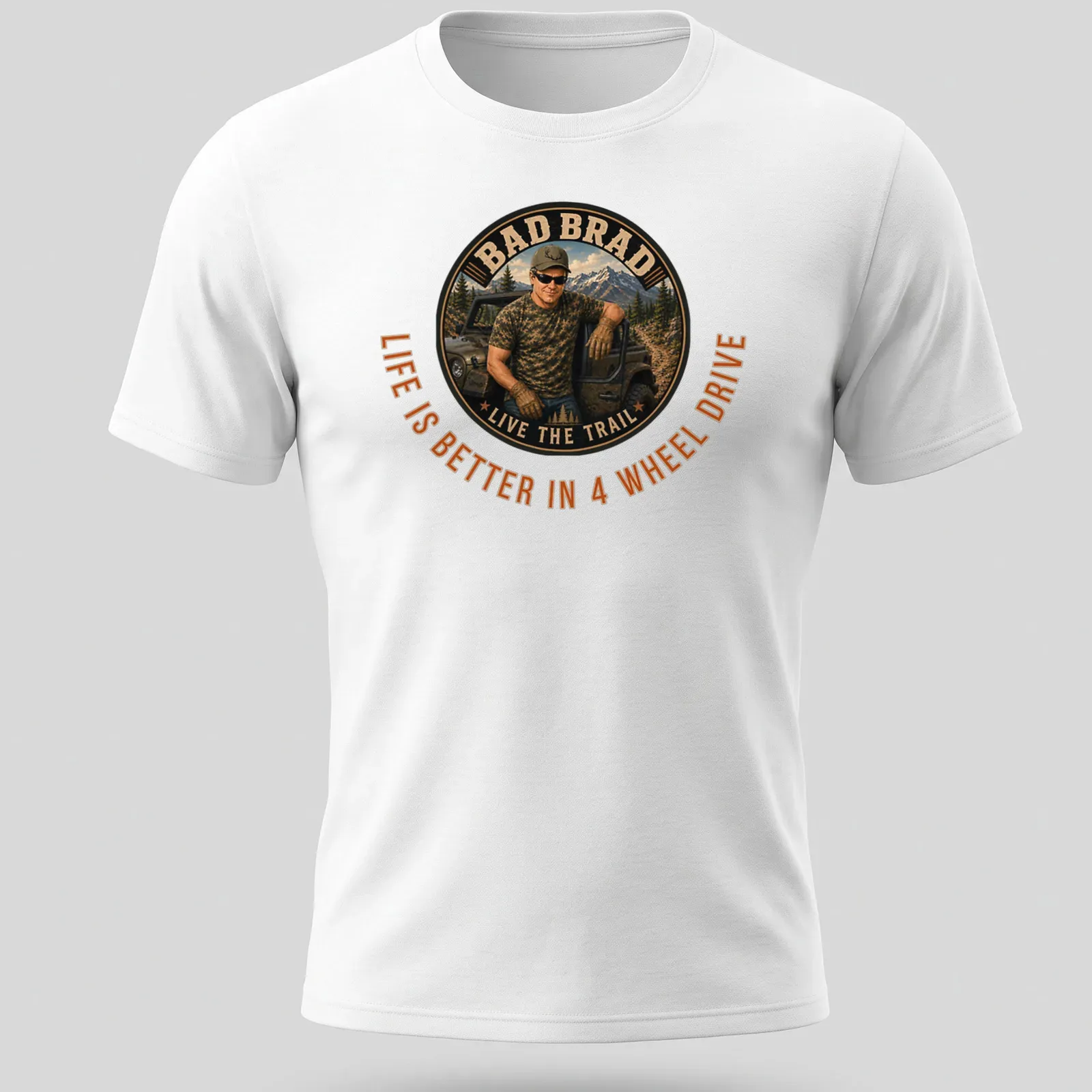 Off-roading man in vintage style with text about 4 wheel drive life — printed on a unisex t-shirt