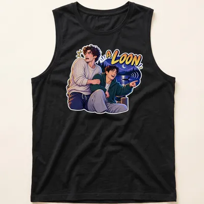 Colorful illustration of two young men in a rivalry with 'A LOON' text above — printed on a tank top