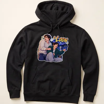 Colorful illustration of two young men in a rivalry with 'A LOON' text above — printed on a unisex hoodie