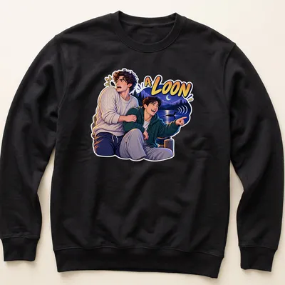 Colorful illustration of two young men in a rivalry with 'A LOON' text above — printed on a unisex sweatshirt