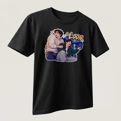 Colorful illustration of two young men in a rivalry with 'A LOON' text above — printed on a unisex t-shirt (angled view)