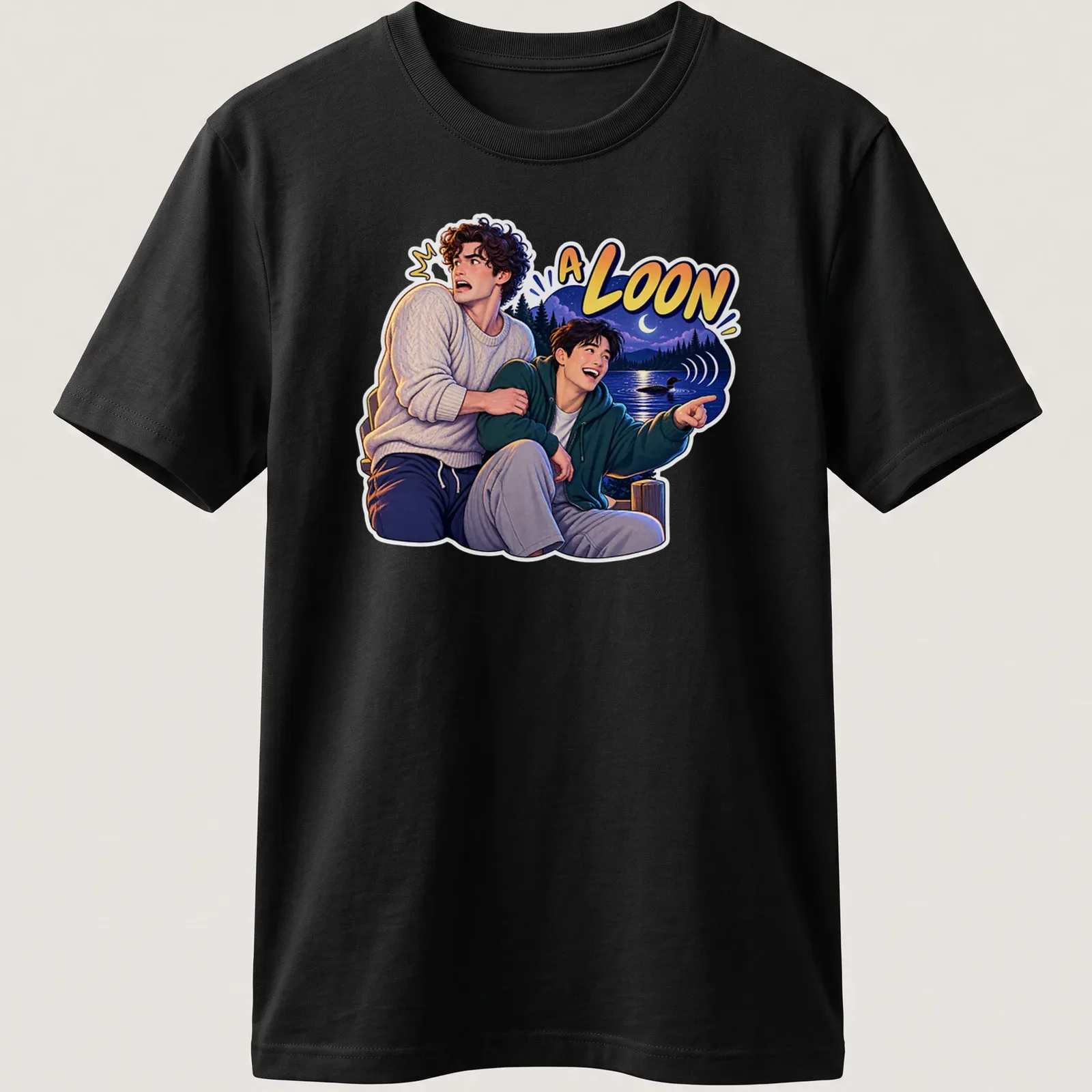 Colorful illustration of two young men in a rivalry with 'A LOON' text above — printed on a unisex t-shirt