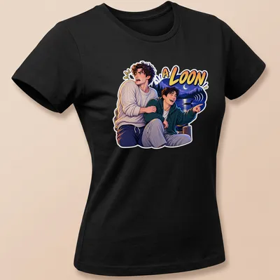 Colorful illustration of two young men in a rivalry with 'A LOON' text above — printed on a women's shirt