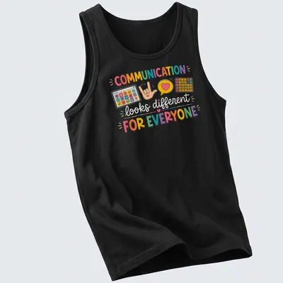 Colorful design with AAC speech therapy symbols and gestures, featuring vibrant text. — printed on a tank top
