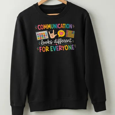 Colorful design with AAC speech therapy symbols and gestures, featuring vibrant text. — printed on a unisex sweatshirt
