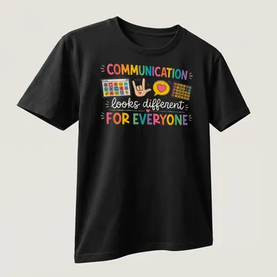 Colorful design with AAC speech therapy symbols and gestures, featuring vibrant text. — printed on a unisex t-shirt (angled view)