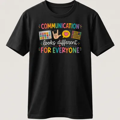 Colorful design with AAC speech therapy symbols and gestures, featuring vibrant text. — printed on a unisex t-shirt