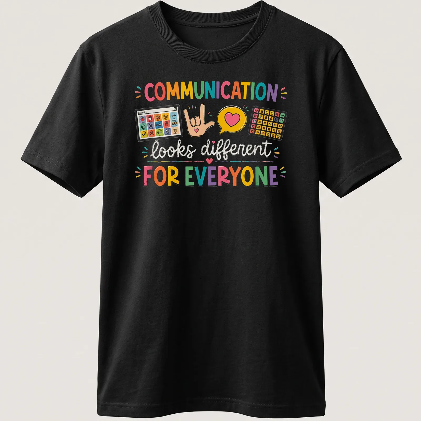 Colorful design with AAC speech therapy symbols and gestures, featuring vibrant text. — printed on a unisex t-shirt