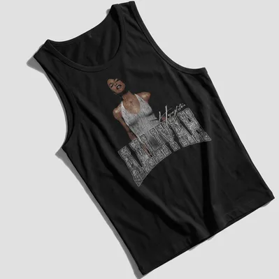 Illustrative tribute to Aaliyah with her name in a flowing sketch style — printed on a tank top