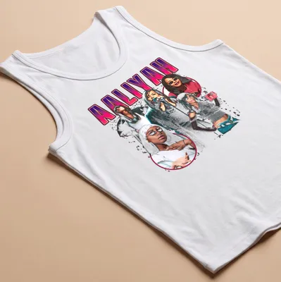 Retro collage T-shirt featuring Aaliyah in pink, black, white, and gray — printed on a tank top