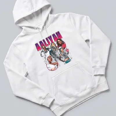 Retro collage T-shirt featuring Aaliyah in pink, black, white, and gray — printed on a unisex hoodie