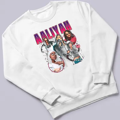 Retro collage T-shirt featuring Aaliyah in pink, black, white, and gray — printed on a unisex sweatshirt