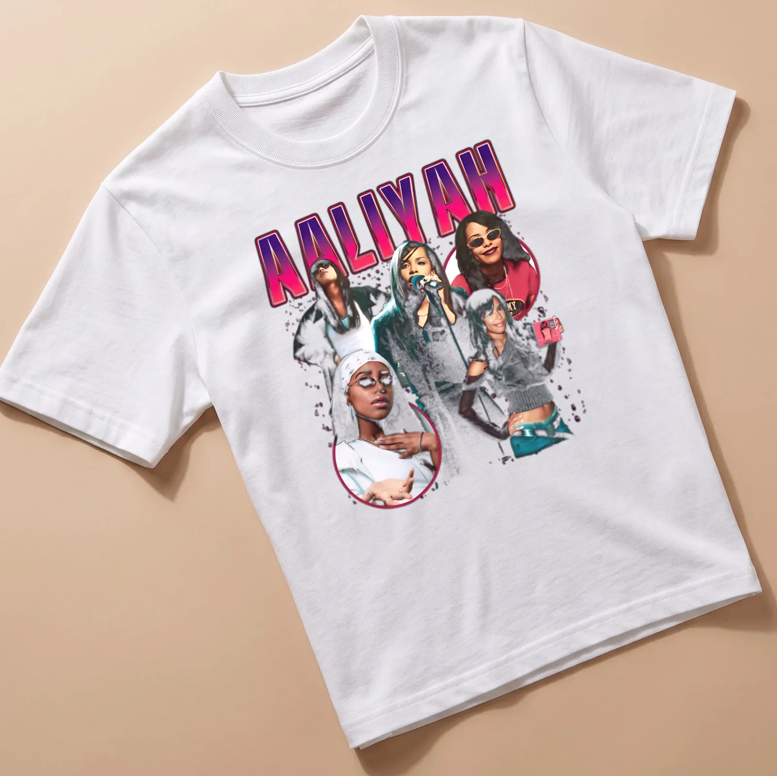 Retro collage T-shirt featuring Aaliyah in pink, black, white, and gray — printed on a unisex t-shirt