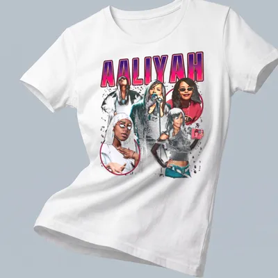 Retro collage T-shirt featuring Aaliyah in pink, black, white, and gray — printed on a women's shirt