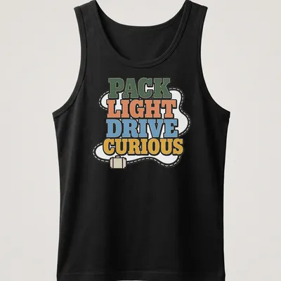 Bold retro Pack Light Drive Curious T-shirt with adventure theme in vibrant colors — printed on a tank top