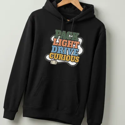 Bold retro Pack Light Drive Curious T-shirt with adventure theme in vibrant colors — printed on a unisex hoodie