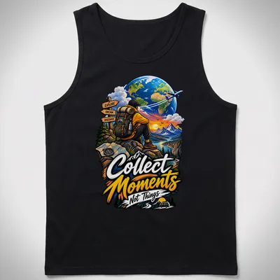 Vibrant illustration of an adventurer with the phrase 'Collect Moments Not Things' — printed on a tank top