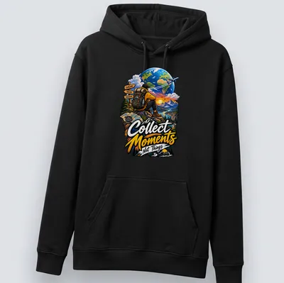 Vibrant illustration of an adventurer with the phrase 'Collect Moments Not Things' — printed on a unisex hoodie