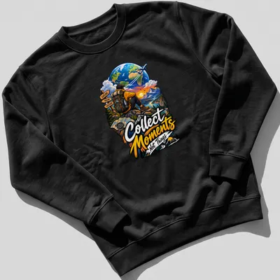 Vibrant illustration of an adventurer with the phrase 'Collect Moments Not Things' — printed on a unisex sweatshirt