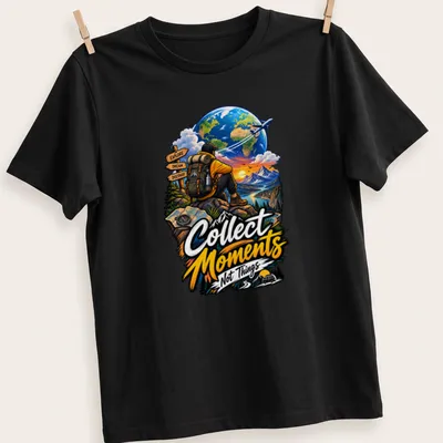 Vibrant illustration of an adventurer with the phrase 'Collect Moments Not Things'