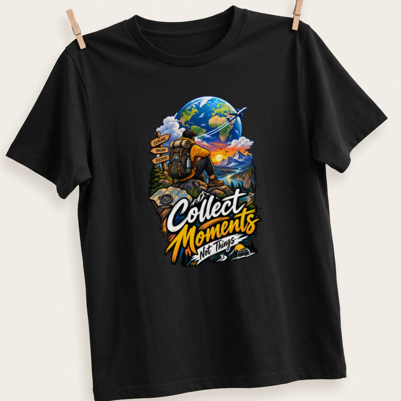 Vibrant illustration of an adventurer with the phrase 'Collect Moments Not Things' — printed on a unisex t-shirt