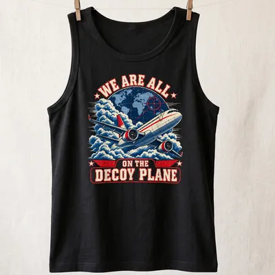 Vintage airplane graphic with the text 'We Are All On The Decoy Plane' — printed on a tank top
