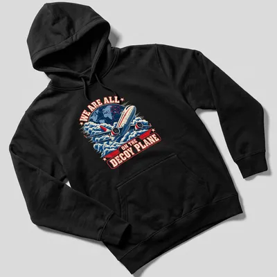 Vintage airplane graphic with the text 'We Are All On The Decoy Plane' — printed on a unisex hoodie