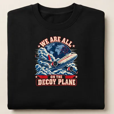 Vintage airplane graphic with the text 'We Are All On The Decoy Plane' — printed on a unisex sweatshirt