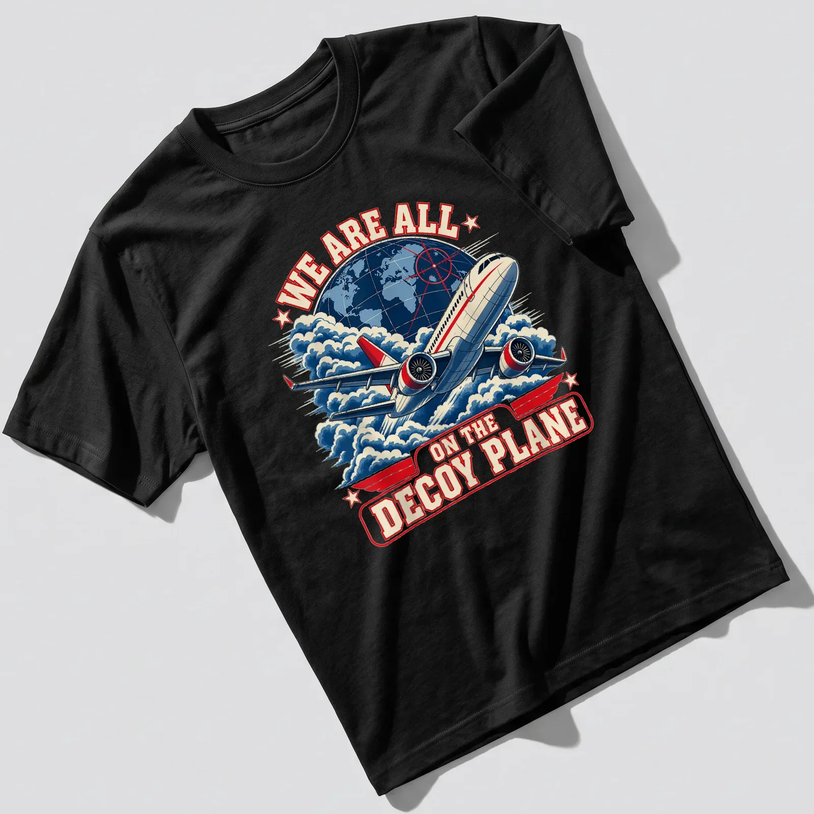 Vintage airplane graphic with the text 'We Are All On The Decoy Plane' — printed on a unisex t-shirt