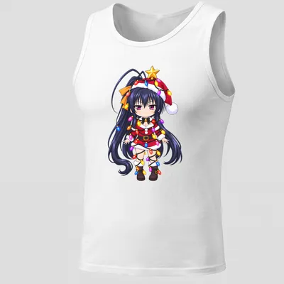 Kawaii Akeno Himejima tangled in colorful Christmas lights — printed on a tank top