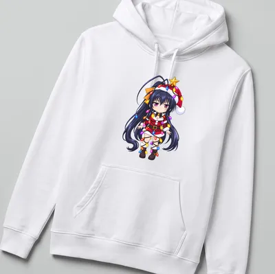 Kawaii Akeno Himejima tangled in colorful Christmas lights — printed on a unisex hoodie